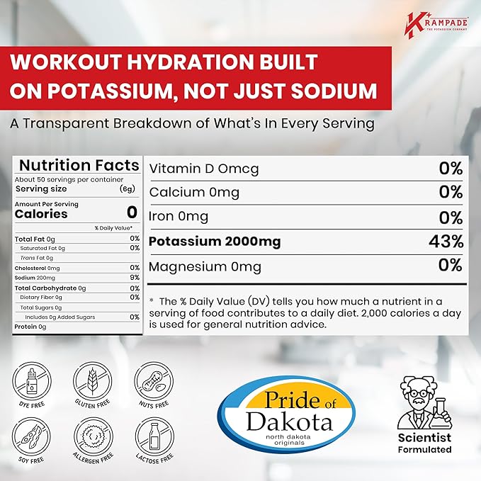 Krampade High Potassium Electrolytes Powder Zero Sugar Fruit Punch, 4180mg Electrolytes, 2000mg Potassium, Cramp Relief & Prevention, Cellular Hydration, Better Endurance & Recovery, Keto, 50 Servings