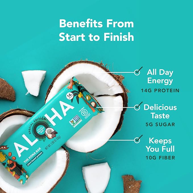 ALOHA Organic Plant Based Protein Bars | The Kona Bar - Special Edition | 6 Count, 1.98oz Bars | Vegan, Low Sugar, Gluten Free, Paleo, Low Carb, Non-GMO, Stevia Free, Soy Free, No Erythritol