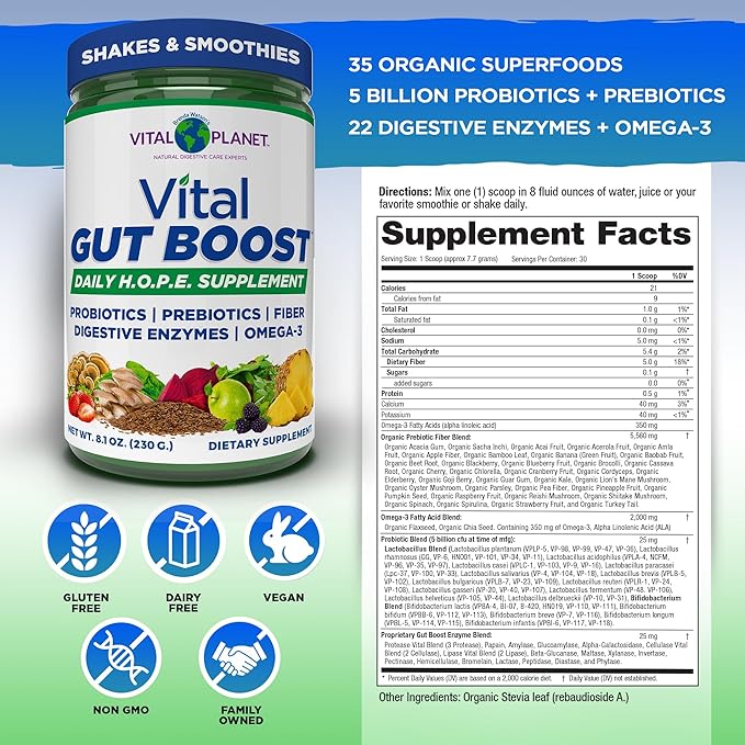 Vital Planet - Vital Gut Boost Powder by Brenda Watson, PBS Gut Check Hope Supplement with Fiber 35, Omega 3 Oil, Probiotics, and Digestive Enzymes, 8.1oz, 230 Grams, 30 Servings