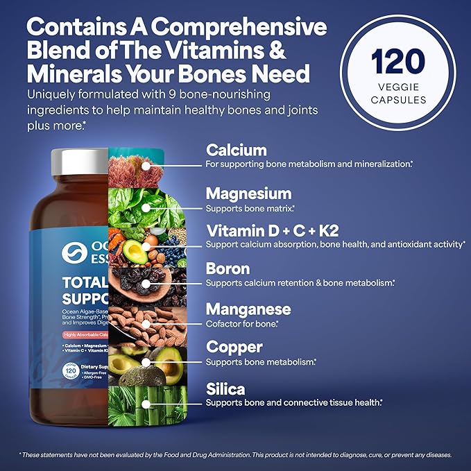 3 Pack OCEAN ESSENCE Total Bone Support - Plant-Based Algae Calcium Supplement for Supporting Bone Density & Strength - For Men & Women 35+ - 120 Natural Calcium Capsules - Vitamins for Optimal Health