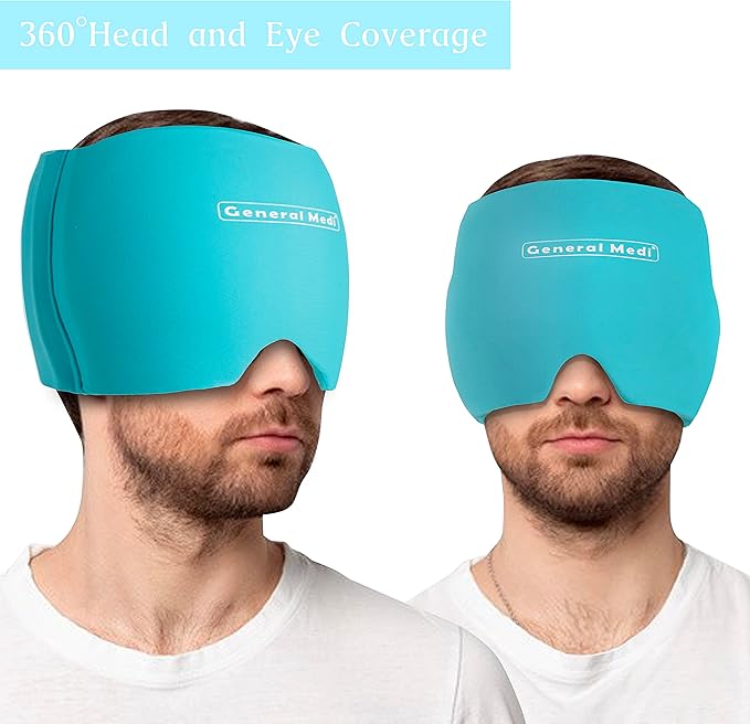 General Medi Headache & Migraine Ice Wrap Cap, Cold Therapy Migraine Relief Hat, Headache Ice Hat Cold Compress, Great for Puffy Eyes, Tension, Sinus & Stress Relief (Blue)