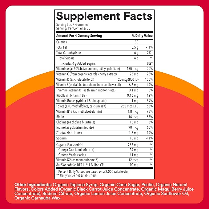 SmartyPants Organic Kids Multivitamin Gummies: Probiotics, Omega 3 (ALA), Vitamin D3, C, Vitamin B12, B6, A, K & Zinc for Immune Support, Biotin, Three Fruit Flavors, 120 Count (30 Day Supply)