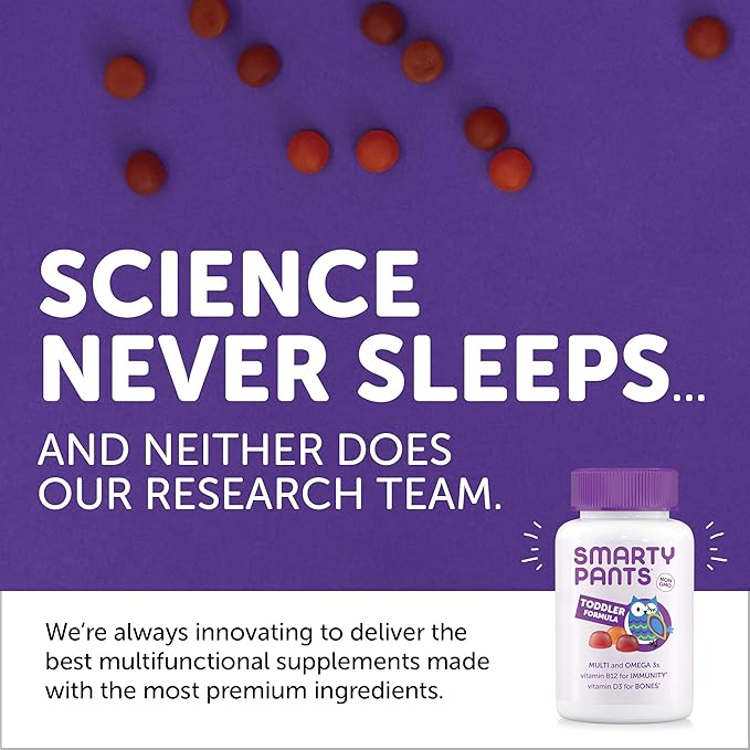 SmartyPants Toddler Multivitamin Gummies: Omega 3 Fish Oil (EPA/DHA), Vitamin D3, C, Vitamin B12, B6, A, K & Zinc, Biotin, Beta Carotene, Gluten Free, Three Fruit Flavors, 180 Count (60 Day Supply)