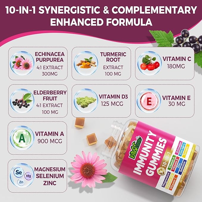 10 in 1 Immune Support Supplement Gummies, w/Echinacea, Elderberry Vitamin C and Zinc, Selenium, Vitamin D3 5000IU, Magnesium, Daily Immune Booster Multivitamin, for Antioxidant Bone Energy, 2 Pack
