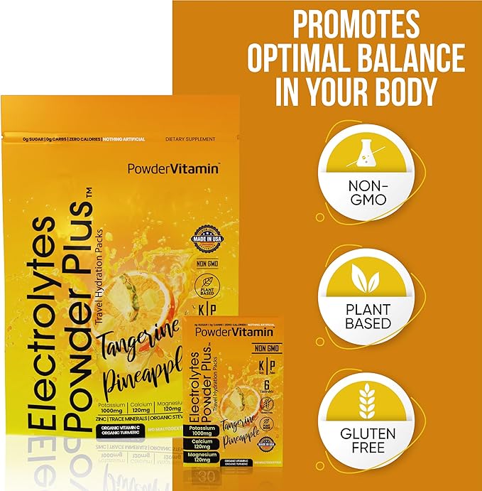 PowerVitamin Electrolytes Powder Packets - Tangerine Pineapple - Keto Electrolytes for Daily Energy - Hydration Powder with 1000mg Potassium, 120mg Magnesium, Zero Calories - 30 Hydration Packets