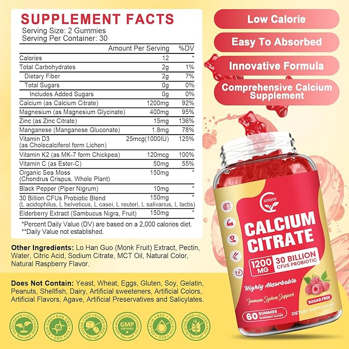 (2 Pack) Sugar Free Calcium Citrate Gummies 1200 mg with Vitamin d3, K2, Magnesium, Zinc for Bone, Muscle & Immune Support, High Absorption Calcium Supplement for Women, Raspberry Flavor, 60 Chews