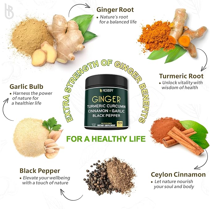 5in1 Ginger and Turmeric Supplements with Ceylon Cinnamon, Garlic - Digestion, Immune, Brain & Heart Health Support - 100 Vegan Capsules
