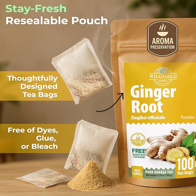 100 Bags Ginger Tea Ginger Root Tea Dry Dried Herb (Zingiber Officinale) - 100 Count 1.5g Bags Raíz De Jengibre