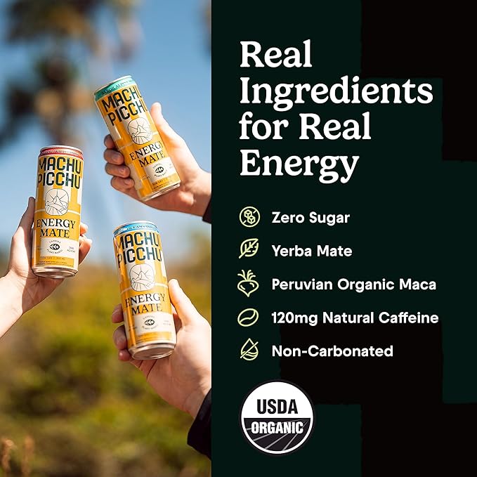 MACHU PICCHU Zero Sugar Energy Mate Drink – Non-Carbonated Yerba Mate, 120mg Organic Caffeine, Smooth Focus Without Jitters or Crash, Low Calorie, USDA Organic, 12oz Cans (12-Pack-“Variety”)