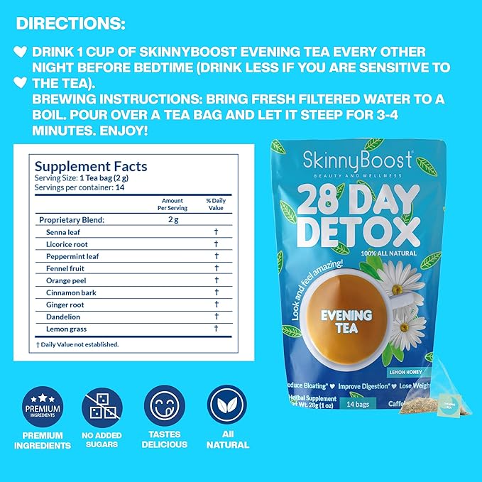 Skinny Boost Detox Tea Kit Slimming Tea for Weight, Metabolism, Energy, Bloating & Colon Cleanse – Green Tea, Herbal, Vegan, Keto, Non-GMO, Sugar-Free-2 PACK –1 Daytime (28 Bags) + 1 Evening -(14 Bags)