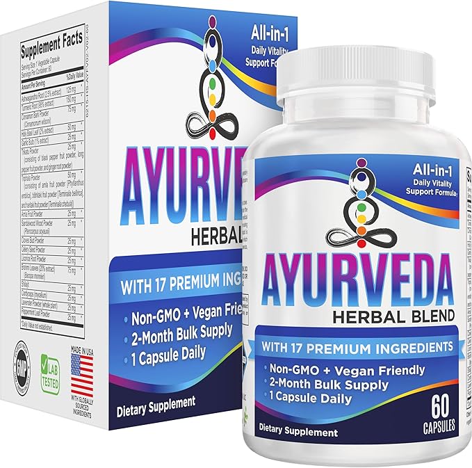 2-Month AYURVEDA Supplements (17-in-1 Blend) Premium Ayurvedic Herbs | Health & Wellness Booster Support Supplement | Strong Mind, Body & Spirit | Ayurveda Products | 60-Day Bulk Supply | 60 Capsules