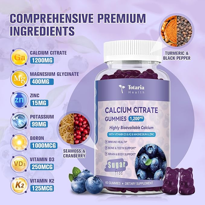 2 Pack Calcium Citrate Gummies 1200 mg - Calcium Supplements for Women with Vitamin D3 & K2,Magnesium,Zinc - Sugar Free Calcium Gummies for Bone & Teeth & Immune Support- Blueberry Flavor