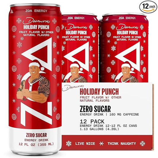 ZOA Zero Sugar Energy Drinks, Dwanta's Holiday Punch - Sugar Free with Electrolytes, Healthy Vitamin C, Amino Acids, Essential B-Vitamins, and Caffeine from Green Tea - 12 Fl Oz (12-Pack)