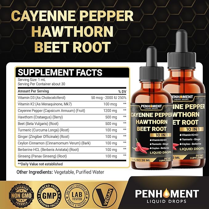 2 Packs - 2700 mg 10in1 Cayenne Pepper Liquid Drops with Hawthorn Berry, Vitamin D3 K2, Beet Root, Ginger Turmeric, Ginger, Ceylon Cinnamon, Berberine, and Ginseng - 2 Months