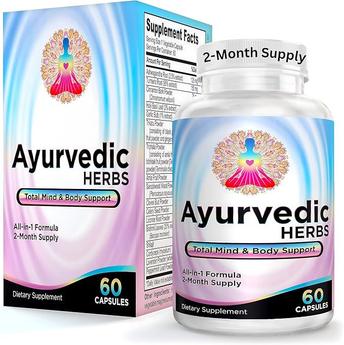 Ayurvedic Herbs 2-Month Supply (All-in-1) Supplement Blend | Ayurveda Mind Body Spirit Herbal Complex with 17 Active Ingredients | Ayurvedic Supplements | 60 Capsules