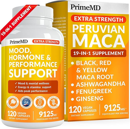 19-in-1 Extra Strength Peruvian Maca Root Capsules - 9125 mg Ashwagandha Supplements with Fenugreek and Ginseng for Mood, Hormone and Performance Support (120 ct)