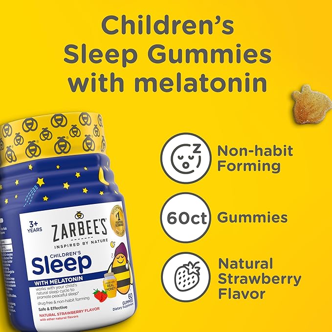 Zarbee's Kids Melatonin Gummies with 1mg Melatonin, Kids Sleep Gummy Works with Natural Sleep Cycles to Promote Peaceful Sleep, Drug-Free, Non-Habit-Forming, Natural Strawberry, 60 ct
