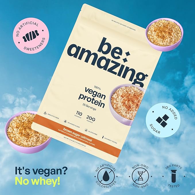 BE AMAZING Vegan Protein Powder, Brown Sugar Oatmeal, 20g Plant Based Protein with Prebiotic Fiber, Low Carb, Dairy and Gluten Free Shake Mix, No Added Sugar, 29.3 oz, 25 Servings