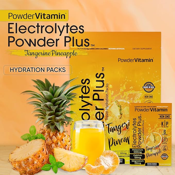 PowerVitamin Electrolytes Powder Packets - Tangerine Pineapple - Keto Electrolytes for Daily Energy - Hydration Powder with 1000mg Potassium, 120mg Magnesium, Zero Calories - 30 Hydration Packets