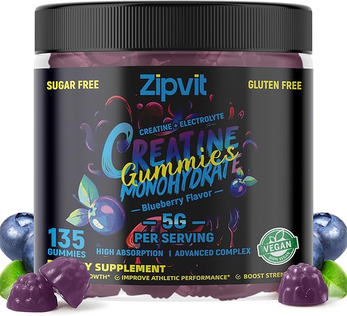 Zipvit Creatine Monohydrate Gummies (5g) – Pre-Workout Energy & Muscle Growth Support for Men & Women | Blueberry Electrolyte Gummies (135 Count)