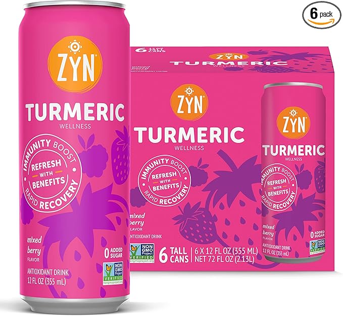 ZYN Turmeric Wellness Drink 6 (Pack), Mixed Berry Flavored Turmeric Curcumin Drink with Black Pepper, No Added Sugar, Low Carb & Low Calorie Drink, Clean Alternative