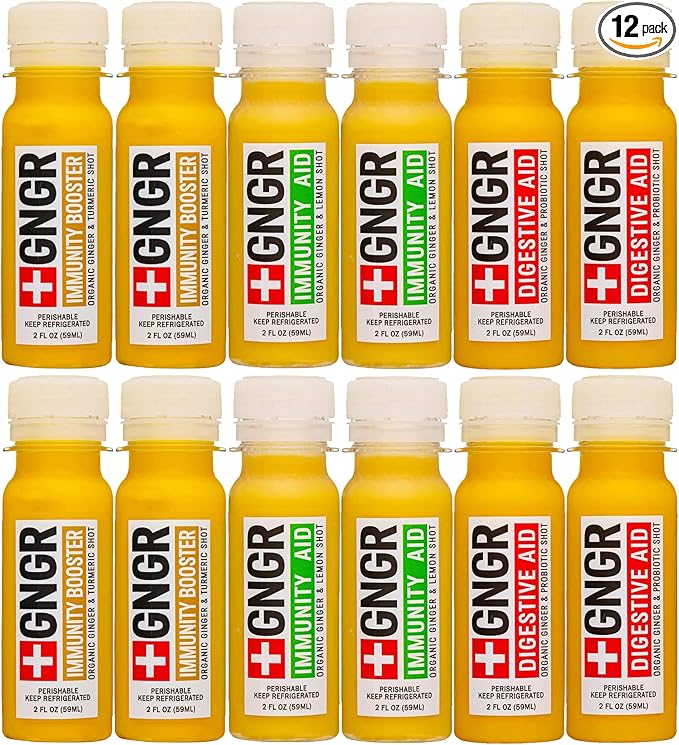 +GNGR 12 Shots Variety Pack of Organic Immunity Boosting Ginger Shots for All Natural Digestive Support and Immune Support, Digestive Aid, Gut Cleanse, Detox, Debloat 2 fl oz (Pack of 12)
