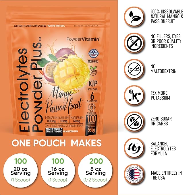 PowderVitamin Electrolytes Powder Plus (100 Servings) Mango Passionfruit Electrolyte Powder Zero Calorie Keto,0Sugar, No Maltodextrin,1000mg Potassium,120mg Calcium,120mg Magnesium, Hydration Powder
