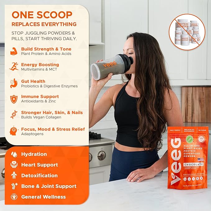 Veeg All in One Protein Smoothie Powder – Vegan Protein Powder & Collagen Boost. Organic Pea Protein, MCT, Probiotics & Multivitamin. One Scoop Daily Energy, Wellness & Balance 15 Servings (Chocolate)