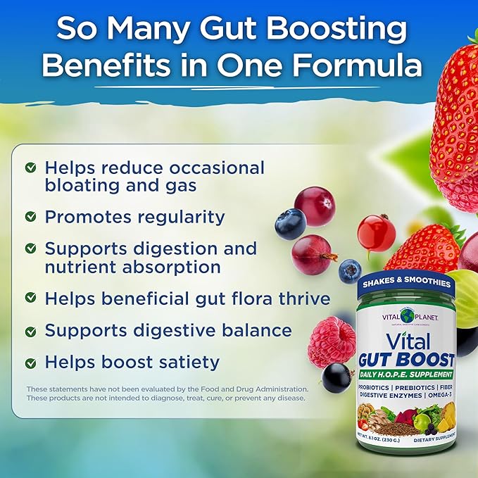 Vital Planet - Vital Gut Boost Powder by Brenda Watson, PBS Gut Check Hope Supplement with Fiber 35, Omega 3 Oil, Probiotics, and Digestive Enzymes, 8.1oz, 230 Grams, 30 Servings