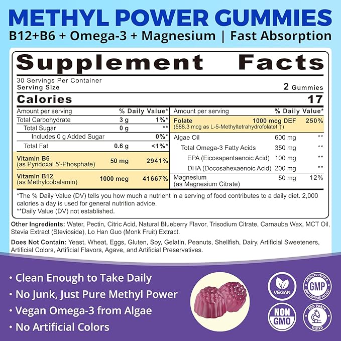 3-in-1 Methylated B Complex + Omega-3 Gummies With Vitamin B12 1000 mcg + Methylfolate 1000 mcg, B6 Vitamins for Energy, Mood & Brain - Sugar Free B Complex Vitamins for Women, Men, Vegan, 2 Pack