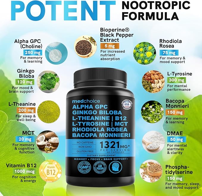 12-in-1 Nootropic Brain Supplement Anhydrous: Ginkgo Biloba for Brain Support, Memory and Focus - B12, Alpha GPC, L Theanine and Choline Supplements with Bioperine non Caffeinated 1321mg (180ct)