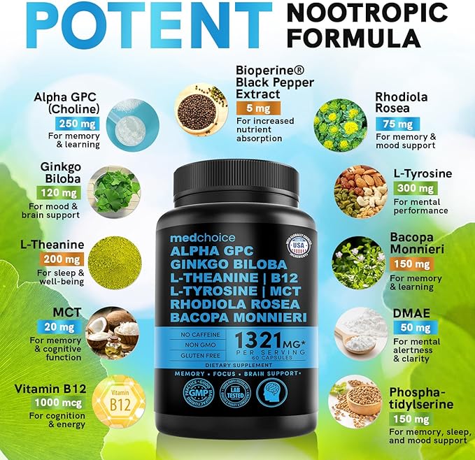 12-in-1 Nootropic Brain Supplement Anhydrous: Ginkgo Biloba for Brain Support, Memory and Focus - B12, Alpha GPC, L Theanine and Choline Supplements with Bioperine non Caffeinated 1321mg (120ct)