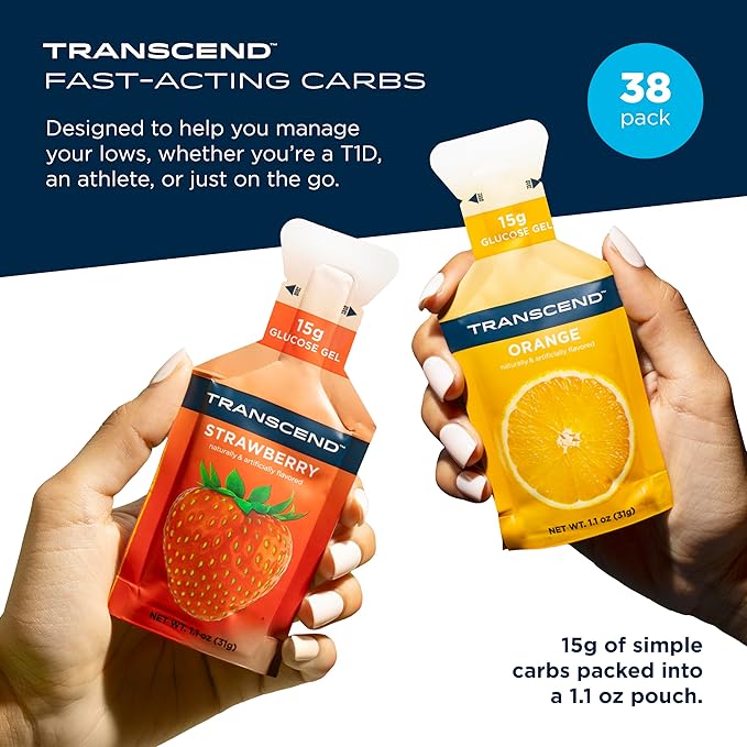 Transcend Foods Strawberry + Orange Gels (1.1 oz, Pack of 38) Fast-Acting Carb Gel Strawberry and Orange Flavor – Caffeine Free, Gluten Free