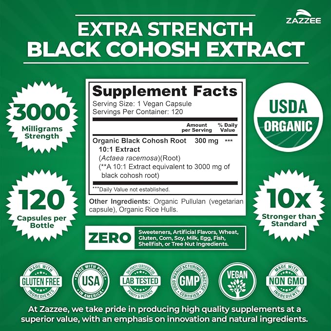 Zazzee USDA Organic Black Cohosh 10:1 Extract, 3000 mg Strength, 120 Vegan Capsules, 4 Month Supply, Standardized and Concentrated 10X Extract, 100% Vegetarian, All-Natural, Non-GMO, Made in The USA