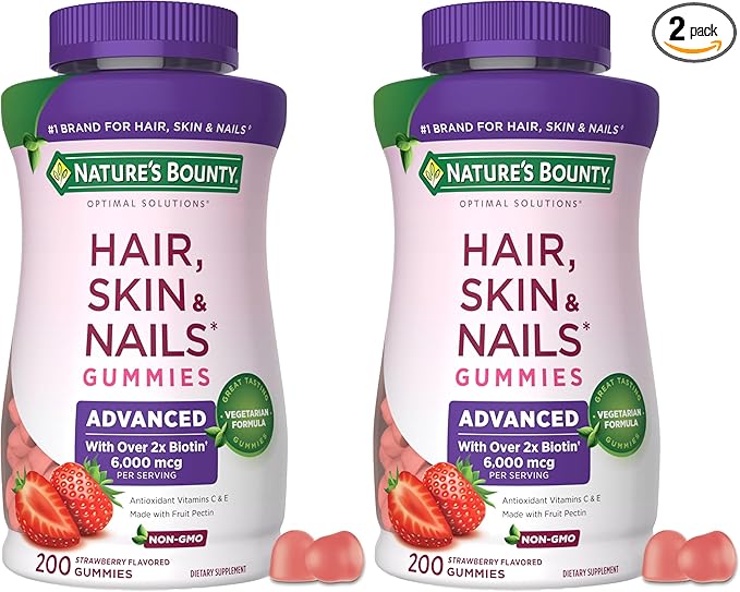 Nature's Bounty Optimal Solutions Advanced Hair, Skin and Nails Pectin Gummies, 2X Biotin Per Serving, No Stick Gummy, Vegetarian Formula, Strawberry Flavor, 200 ct, 100 Total Servings (Pack of 2)
