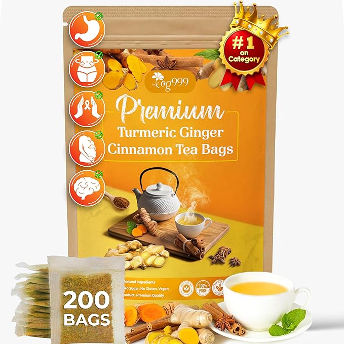 200 Bags Premium Turmeric Ginger Cinnamon Tea, Improve Digestion, Support Brain, Weight, Skin and Sleep, Eco-Conscious Tea Bags and Premium Natural Ingredients. Turmeric Ginger Herbal Tea. No Sugar, No Caffeine, No Gluten, Vegan.
