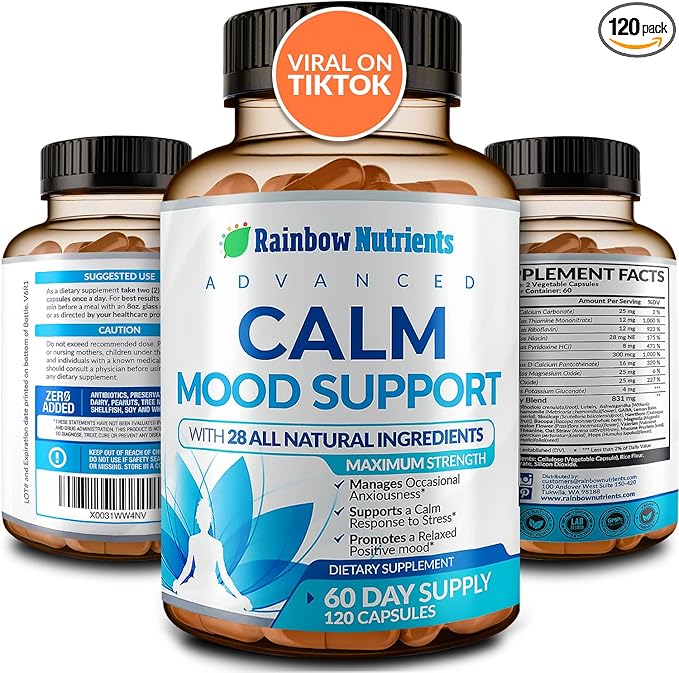 28 in 1 Calm Mood Support Supplement- Natural Happy Pills for Occasional Anxiousness & Stress, Worry feelings, Relaxation, Mental Clarity | Max Sleep & Mood Support for Women & Men|120 Vegan Capsules