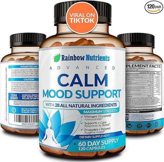 28 in 1 Calm Mood Support Supplement- Natural Happy Pills for Occasional Anxiousness & Stress, Worry feelings, Relaxation, Mental Clarity | Max Sleep & Mood Support for Women & Men|120 Vegan Capsules