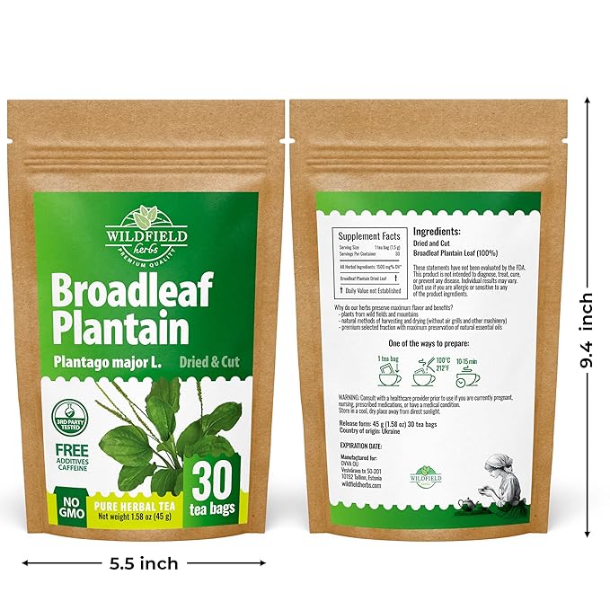 30 Bags Plantain Leaf Herb Tea Dried Plaintains Leaves (Plantago Major) - 30 Count 2g Tea Bags Greater Broadleaf Plantain Leaf Llanten