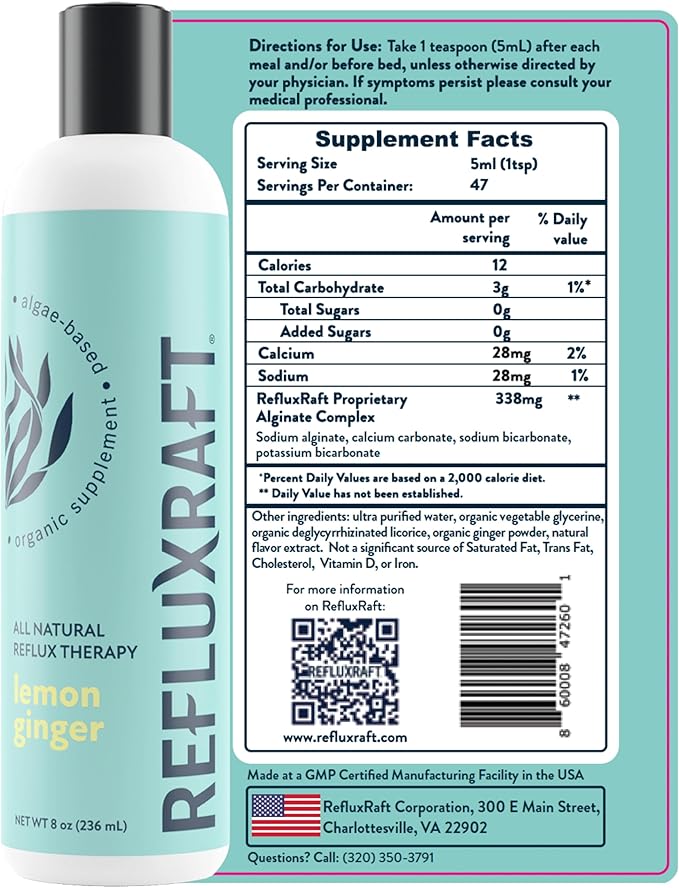 Acid Reflux Therapy, Organic Alginate, Rapid & Long Lasting Gerd, LPR & Digestion Symptom Support, Zero Sugar, Gluten Free, Low Sodium, Lemon Ginger, 47 Gel Servings Per 8 OZ Bottle, 4 Pack