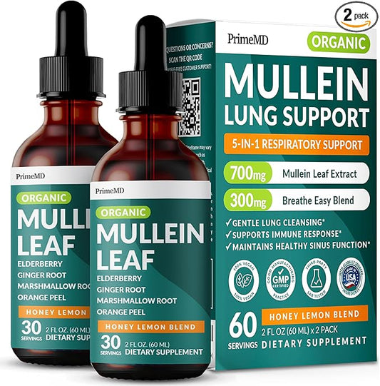 5-in-1 Mullein Drops for Bronchial and Respiratory Support with Mullen Leaf Extract Lung Supplement - Mullein Tincture with Elderberry and Ginger Root, Honey Lemon Flavor (60 Servings, Pack of 2)