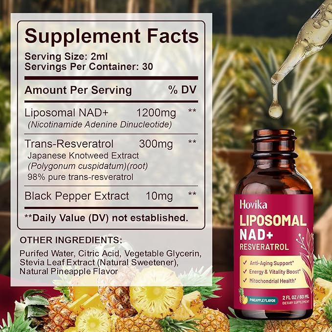 2 Pack Liposomal NAD Supplement - 1200mg NAD+ Liquid Drops for Women & Men with Resveratrol, Black Pepper Extract - Support Anti-Aging, Brain & Cellular Mitochondrial Health - Pineapple Flavor