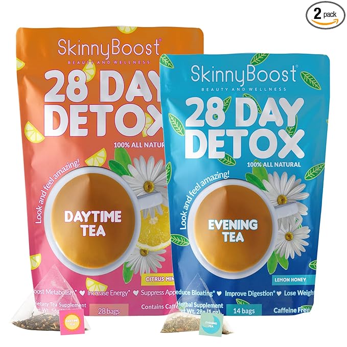 Skinny Boost Detox Tea Kit Slimming Tea for Weight, Metabolism, Energy, Bloating & Colon Cleanse – Green Tea, Herbal, Vegan, Keto, Non-GMO, Sugar-Free-2 PACK –1 Daytime (28 Bags) + 1 Evening -(14 Bags)