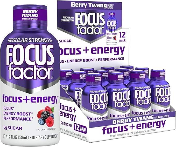 Focus Factor Focus + Energy Shots - 12 x 2oz Bottles (Berry Twang Flavor) - Powered by Nootropics with Caffeine, L-Theanine, Ginkgo, Bacopa, L-Tyrosine, Alpha GPC