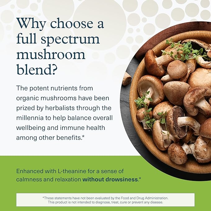 Youtheory Mushroom Stress Complex, Organic Full-Spectrum Mushrrom with L-Theanine, Help Reduce Stress and Promotes Mental Calmness, 60 Vegetarian Capsules