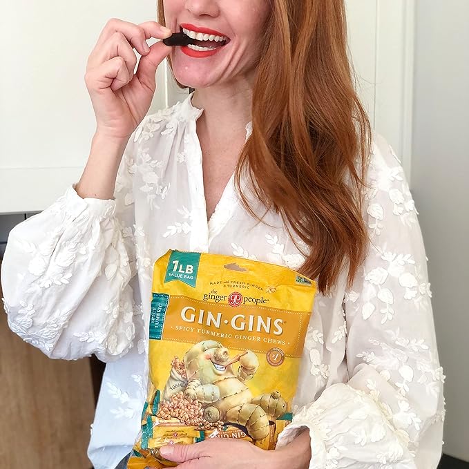 Gin GINS Spicy Turmeric Chewy Ginger Candy by The Ginger People – Anti-Nausea and Digestion Aid, Individually Wrapped Healthy Candy - Spicy Turmeric and Ginger Flavor, Large 1 lb Bag (16oz) - Pack of