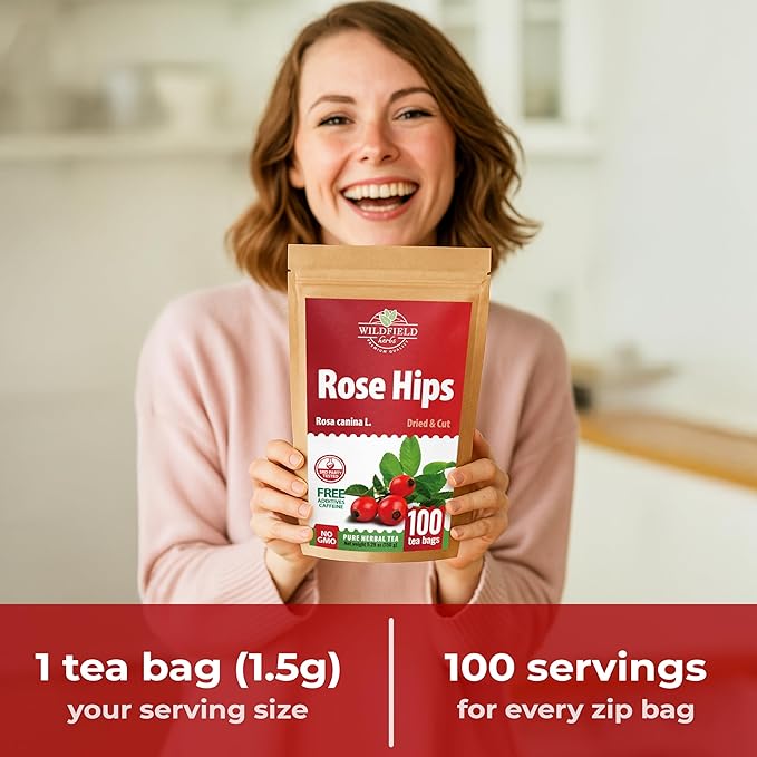 100 Bags Rosehips Tea Dried Rose Hips Crushed (Roza Cinamomea) - 100 Count 1.5 g Tea Bags Rosehip Berries