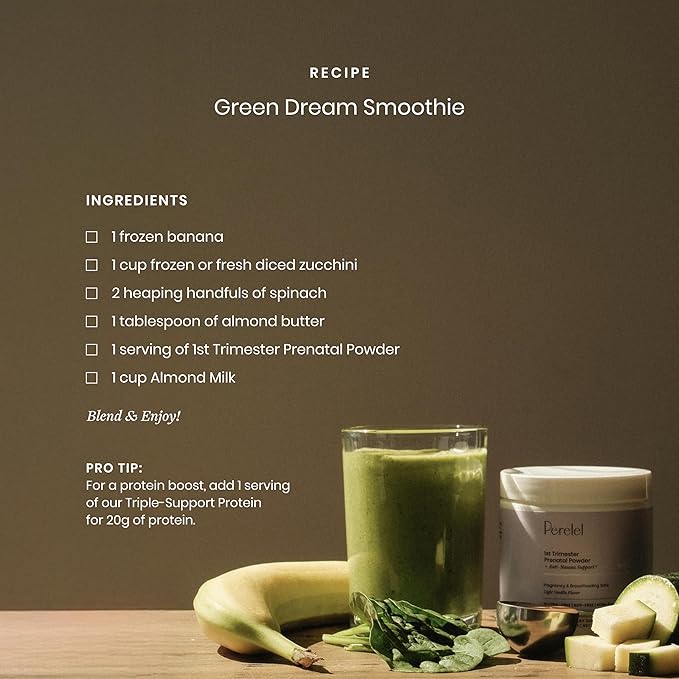 Perelel Prenatal Vitamins Powder for 1st Trimester, with Vitamin B6 & Methylfolate, Anti Nausea Support, Dairy Free, Sugar Free Clean Drink Mix for Early Stage Support, Light Vanilla, 30 Day Supply