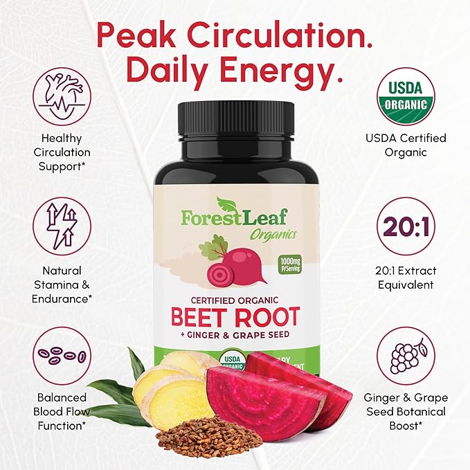 ForestLeaf Organic Beet Root Capsules - Beetroot Supplement 16000mg Strength 20:1 Extract Pills w/Ginger Grape Seed | Support Blood Pressure, Nitric Oxide, Flow, Circulation | Beets Powder - 120 Caps