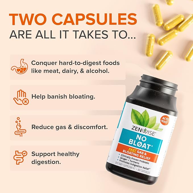 Zenwise Health No Bloat Digestive Enzymes for Gut Health, Gas & Bloating Relief - Multi Enzymes Digestion Supplement with Probiotics, Ginger, Turmeric Dandelion & Lactase - Men & Women - 60 Count